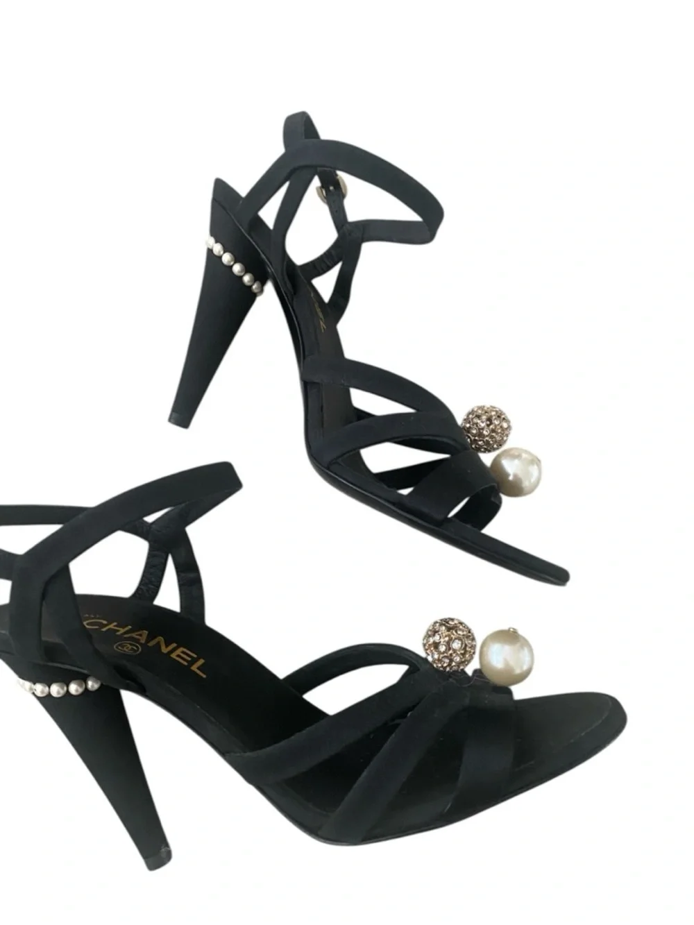 CHANEL Black Satin Strappy Heels with Pearl & Crystal Ornaments size 40